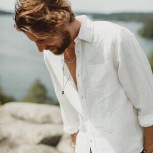 NWT MOVESGOOD Men's White BAMBOO Classic Linen Lenny Long Sleeve Shirt Size M